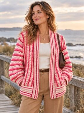GRACE + KARMA PINK STRIPED CHUNKY KNIT OPEN CARDIGAN WOMEN’S M/L COQUETTE SOFT G
